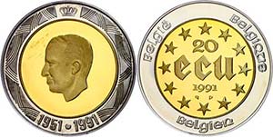 Belgium 20 European Currency Unit, bimetal, ... 