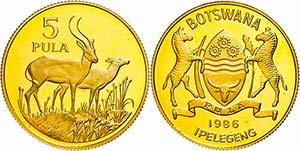 Botswana 5 Pula, Gold, 1986, Red Lechwe ... 