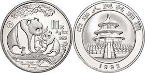 China Volksrepublik 10 Yuan, 1993, Panda mit ... 