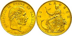 Denmark 20 coronas, Gold, 1876, Christian ... 