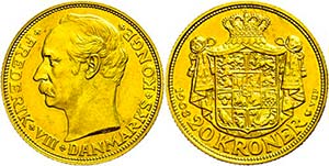 Denmark 20 coronas, Gold, 1908, Frederik ... 