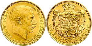 Denmark 20 coronas, Gold, 1917, Christian ... 