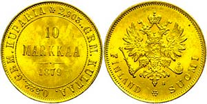 Finland 10 Markkaa, Gold, 1879, Alexander ... 