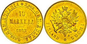 Finnland 10 Markkaa, Gold, 1882, Prägungen ... 