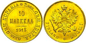Finland 10 Markkaa, Gold, 1913, Nikolaus ... 