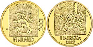 Finland 1 Markka, Gold, 2001, departure of ... 