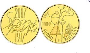 Finland 100 Euro, Gold, 2007, 90 years ... 