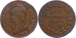 Frankreich 5 Centimes, LAN 7 (1796/1797), ... 