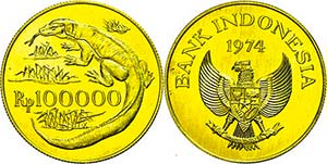 Indonesia 100000 Rupee, Gold, 1974, Komodo ... 