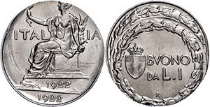 Italy 1 lira, 1922, False stamp, KM 62, f. ... 