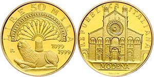 Italy 50 000 liras, Gold, 1999, 800 years ... 