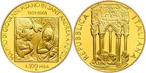 Italy 100 000 liras, Gold, 2001, 700 years ... 