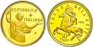 Italy 50 Euro, Gold, 2016, fauna in the ... 