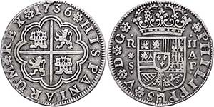 Spain 2 Real, 1736, Philipp V., Seville, KM ... 