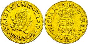 Spain 1 / 2 Escudos, Gold, 1747, Ferdinand ... 