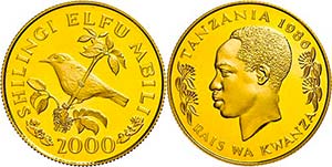 Tanzania 2000 Shilingi, Gold, 1986, ... 