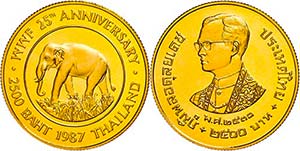Thailand 2500 Bath, Gold, 1987, elephant, ... 