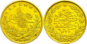 Türkei 100 Piaster, Gold, 1255 (1854), Jahr ... 