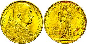 Vatican 100 liras, Gold, 1933, Pius XI., Fb. ... 