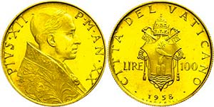 Vatican 100 liras, Gold, 1958, Pius XII., ... 