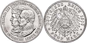 Saxony 5 Mark, 1909, Friedrich August, 500 ... 