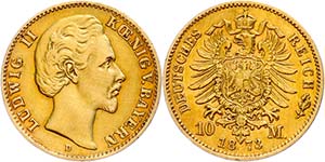 Bayern 10 Mark, 1873, Ludwig II., kl. Rf., ... 
