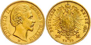 Bavaria 20 Mark, 1872, Ludwig II., minimal ... 