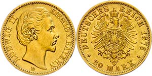 Bavaria 20 Mark, 1876, Ludwig II., very fine ... 