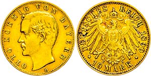 Bayern 10 Mark, 1890, Otto, kl. Rf., ss., ... 