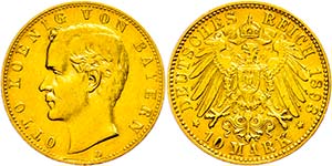 Bavaria 10 Mark, 1893, Otto, very fine., ... 