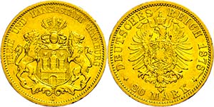 Hamburg 20 Mark, 1878, kl. Rf., Kratzer, ... 
