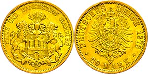 Hamburg 20 Mark, 1878, kl. Rf., ss., ... 