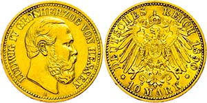 Hessen 10 Mark, 1890, Ludwig IV., kl. Rf., ... 