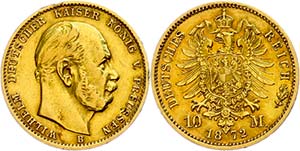 Prussia 10 Mark, 1872, B, Wilhelm I., edge ... 