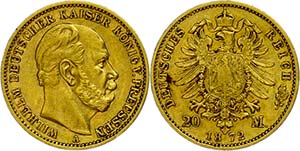 Preußen Goldmünzen 20 Mark, 1872 A, ... 