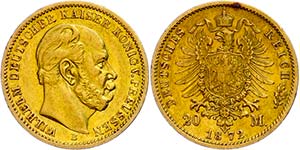 Prussia 20 Mark, 1872, B, Wilhelm I., small ... 