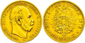 Prussia 10 Mark, 1875, A, Wilhelm I., small ... 