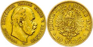 Prussia 10 Mark, 1875, B, Wilhelm I., small ... 