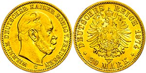 Prussia 20 Mark, 1874, C, Wilhelm I., small ... 