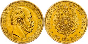 Prussia 20 Mark, 1884, Wilhelm I., small ... 