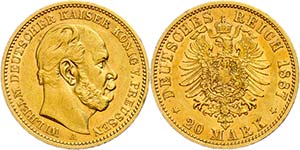 Prussia 20 Mark, 1887, Wilhelm I., small ... 