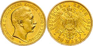 Prussia 20 Mark, 1892, Wilhelm II., small ... 