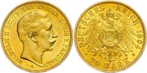 Prussia 20 Mark, 1894, Wilhelm II., small ... 