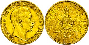 Prussia 20 Mark, 1895, Wilhelm II., edge ... 