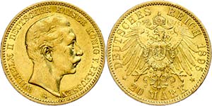 Prussia 20 Mark, 1895, Wilhelm II., small ... 
