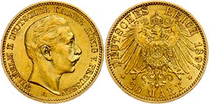 Prussia 20 Mark, 1897, Wilhelm II., small ... 