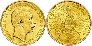 Prussia 20 Mark, 1899, Wilhelm II., small ... 