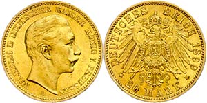 Prussia 20 Mark, 1899, Wilhelm II., minimal ... 