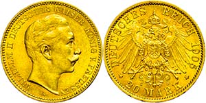 Prussia 20 Mark, 1905, Wilhelm II., tiny ... 
