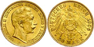 Prussia 20 Mark, 1906, Wilhelm II., Mzz A, ... 